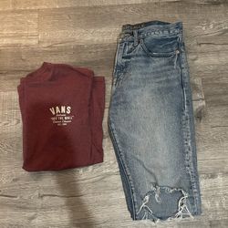 Mens Maroon Large Vans Shirt and 30x30 American Eagle Jeans Lot Bundle 