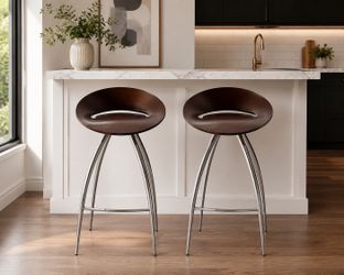 Bar Stools  Metal Base & Wooden Seat – Set of 2