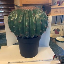Pottery Barn Faux Barrel Cactus Plant Flower black pot medium with black pot beautiful condition has a little weight to it.