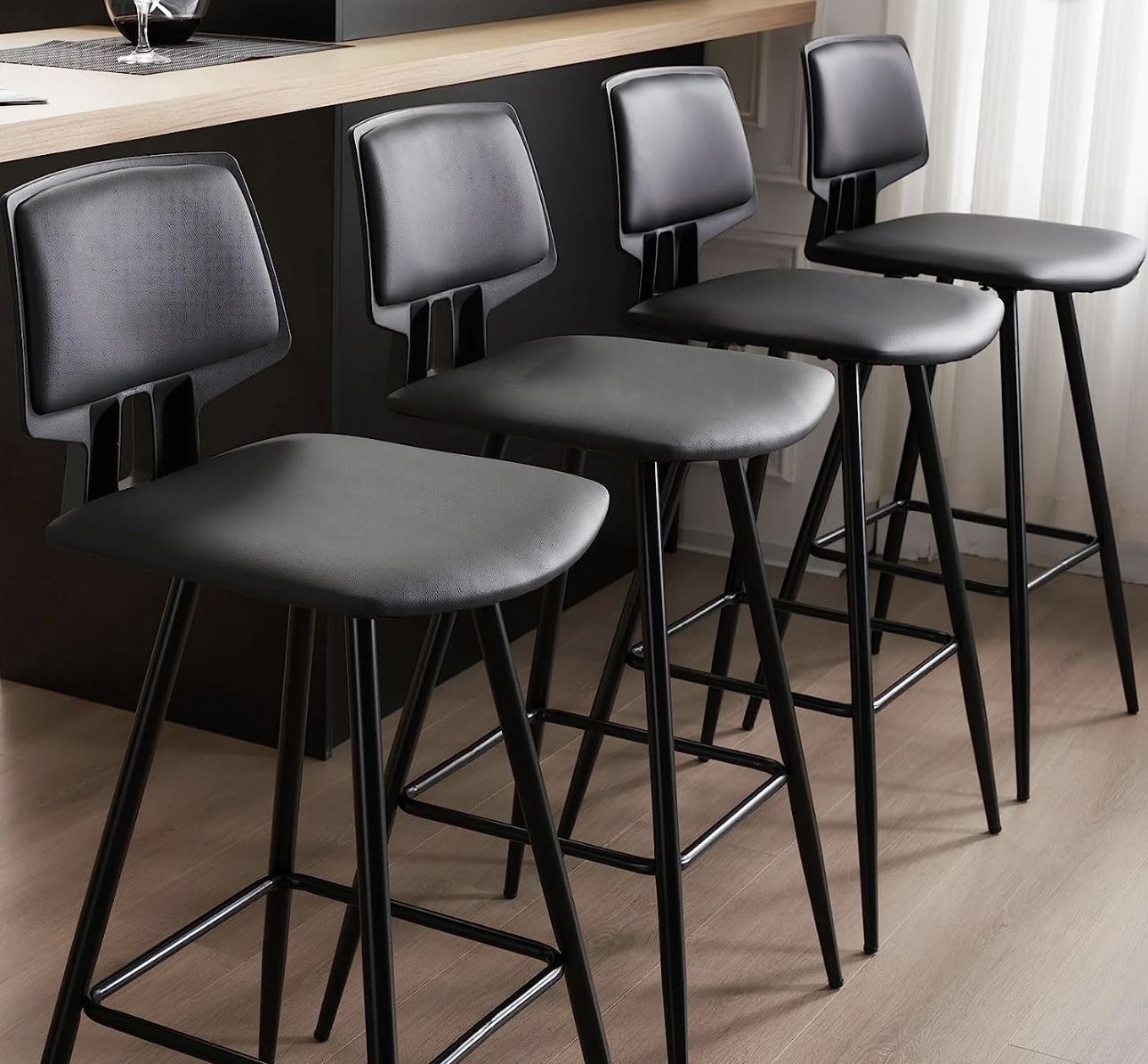 Leather Set of Counter Bar Stools,Bar Height Stools,28" Modern Bar Chairs with Backs and Metal Legs 4 PCs