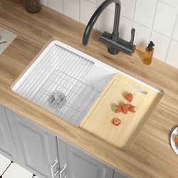 Offset Drain Fireclay Undermount Workstation KItchen Sink 30 Inch, 30''x19''x10'' Topmount White Bar Sink Drop In, Deep Single Bowl Heavy Duty, Dual M