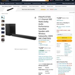 PHILIPS B7305 2.1 Channel 300 Watts Dolby Audio Performance Soundbar with Wireless Subwoofer 