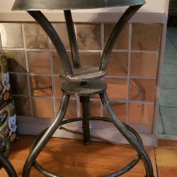 Two Wrought Iron And Wood Adjustable Bar Stools