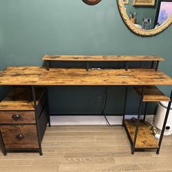 Furologee 61" Computer Desk with Power Outlet & LED Lights, Reversible Gaming Desk with File Cabinet