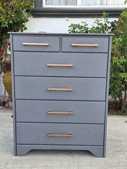 Gray Painted Tall Dresser with Gold Handles