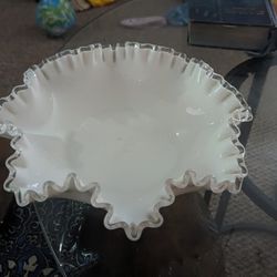 1
Vtg Fenton White Crest Milk Glass Compote Pedestal Candy Dish Ruffled Bowl 