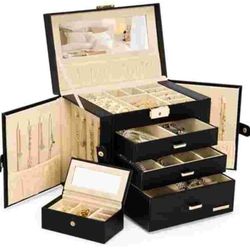 2 IN 1 Jewelry Box for Women Girls with Small Travel Case Mirror Necklace Ring Earrings Organizer - (Black + Gold)