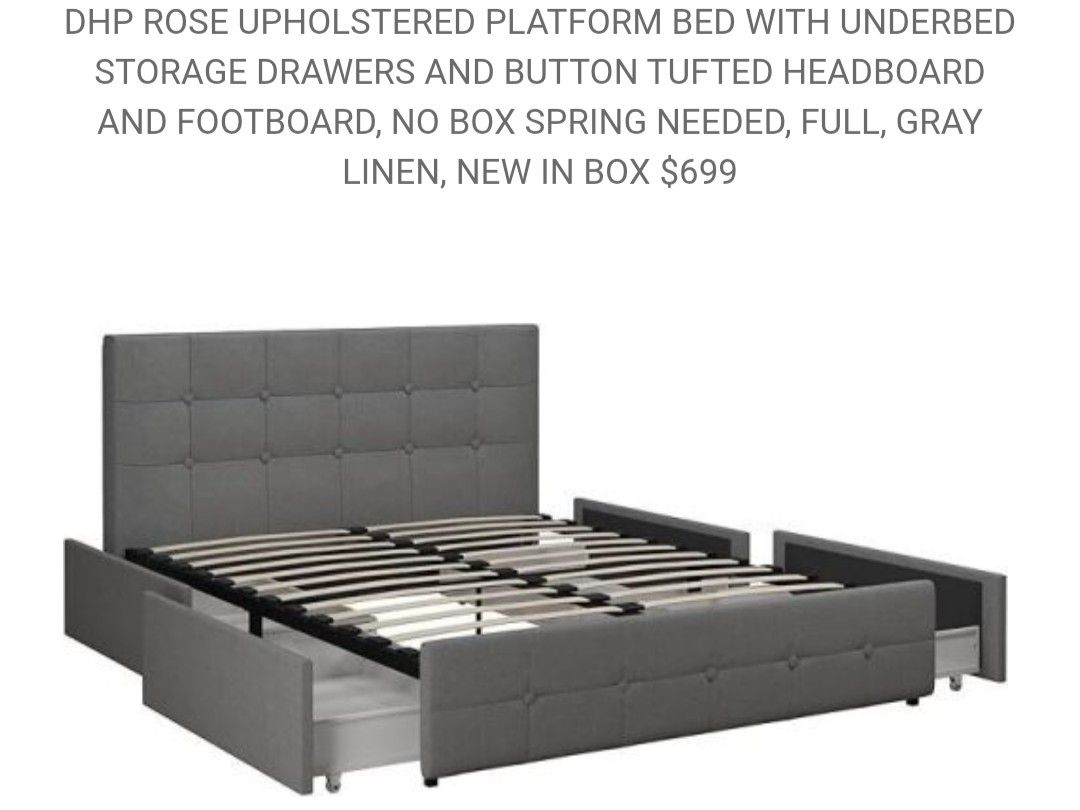 DHP Rose Upholstered Platform Bed with Underbed Storage Drawers and Button Tufted Headboard and Footboard, No Box Spring Needed, Full, Gray Linen,