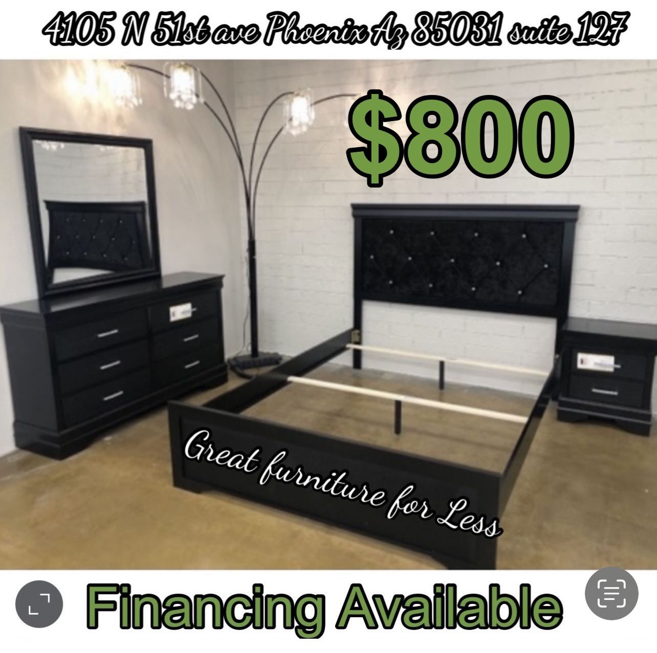 Queen Size Bedroom Set Black Include Bed Frame Dresser Mirror And 1 Nightstand Brand New