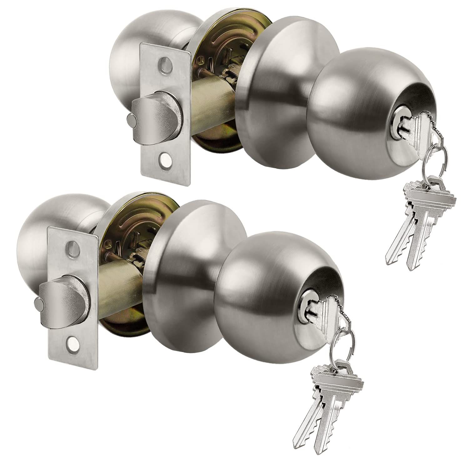 [2 Pack] Entry Door Knob With Lock, Keyed Different Door Lock For Exterior Door And Front Door, Standard Ball, Satin Nickel