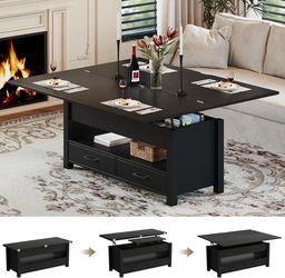 Lift Top Coffee Table – Adjustable Height & Convertible Design – Multifunctional Space-Saving Table with Storage Drawers & Hidden Compartment – Perfec