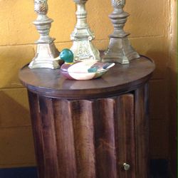 Baker Furniture Brown drum table with open door storage for sale  