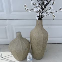 Large Decorative Floor Vases with White Blossom Stems – Set of 2