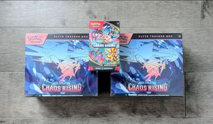 New, Sealed Pokémon: Two Chaos Rising ETB's and One Chaos Rising Booster Bundle
