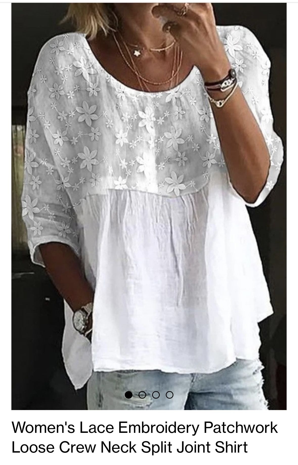 WOMEN’S WHITE LOOSE BOHO COTTON CREWNECK BLOUSE W/EMBROIDERED FLORAL DESIGN