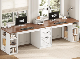 SEDETA Farmhouse 96.5" 2 Person Computer Desk with Storage Drawers