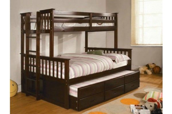 Brand New Espresso Twin Over Full Bunk Bed w Trundle Bed + Drawers