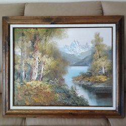 Beautiful Oil Painting Landscape Mountain Trees Nature Lake 24" x 21"