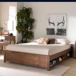 Walnut Finish Full Size Platform Storage Bed with Bottom Shelve