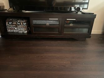 Dark Brown Wood TV Stand with Glass Doors