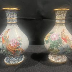 Pair Chinese Cloisonné Enamel Vases 10” Phoenix & Floral Motif Jingfa Style 