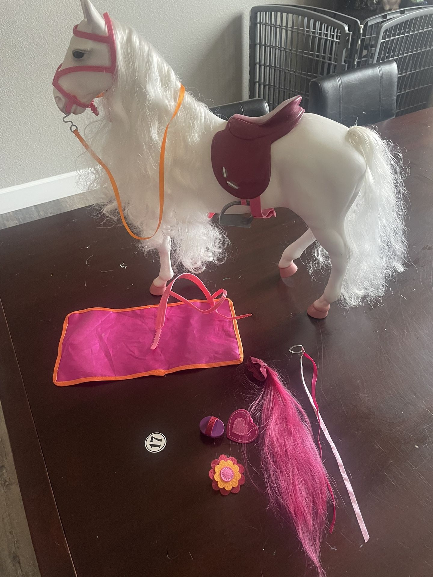 OG brand, horse and accessories, this is a toy horse, American girl, doll size