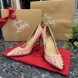 Christian Louboutin Pigalle Spikes Baby Pink Patent Leather Heels
