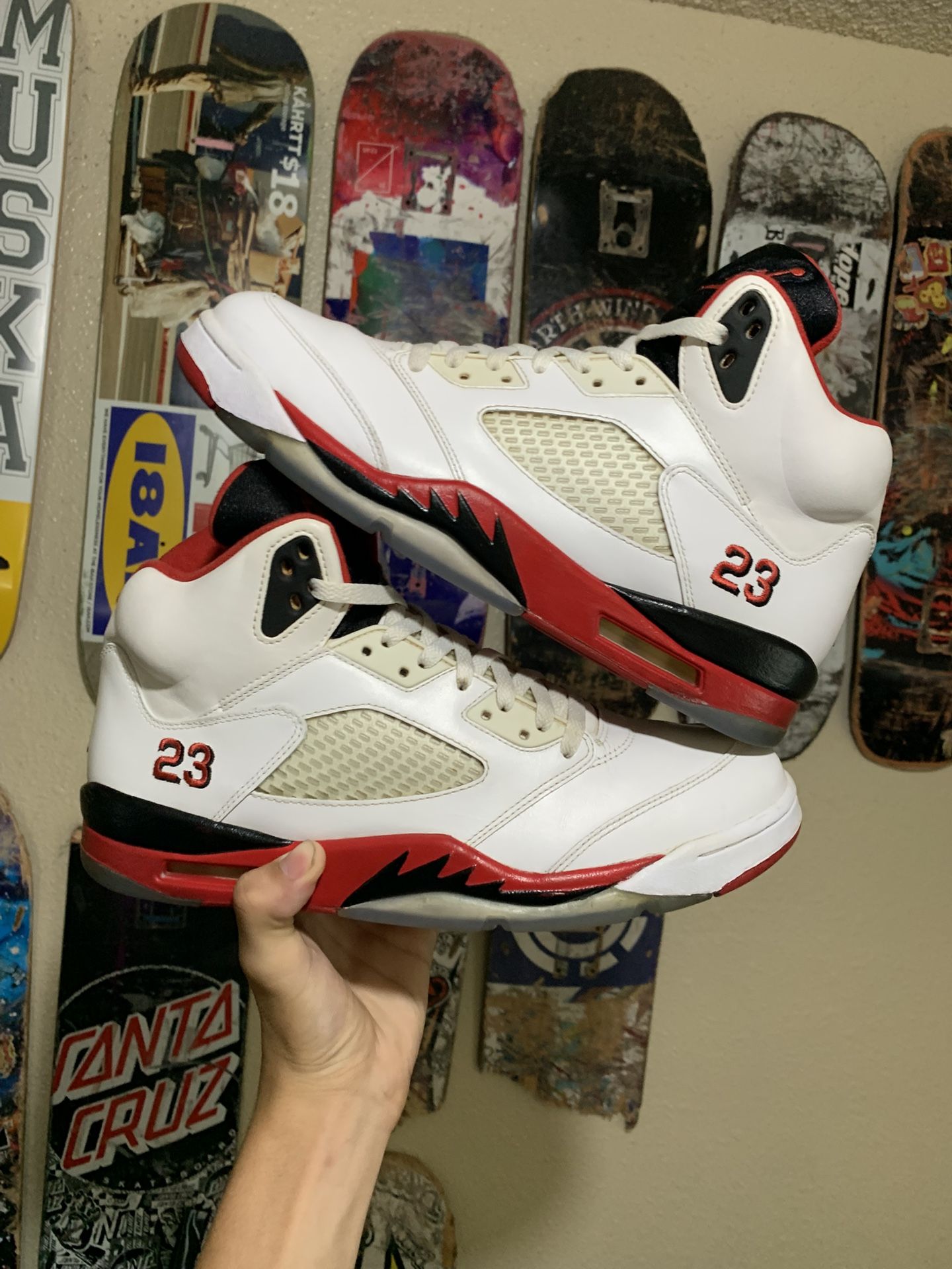 Fire Red Jordan 5 Black Tounge Size 11