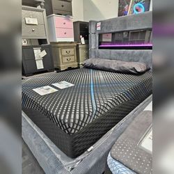 King Queen size Platform Beds frame with Fireplace visualization