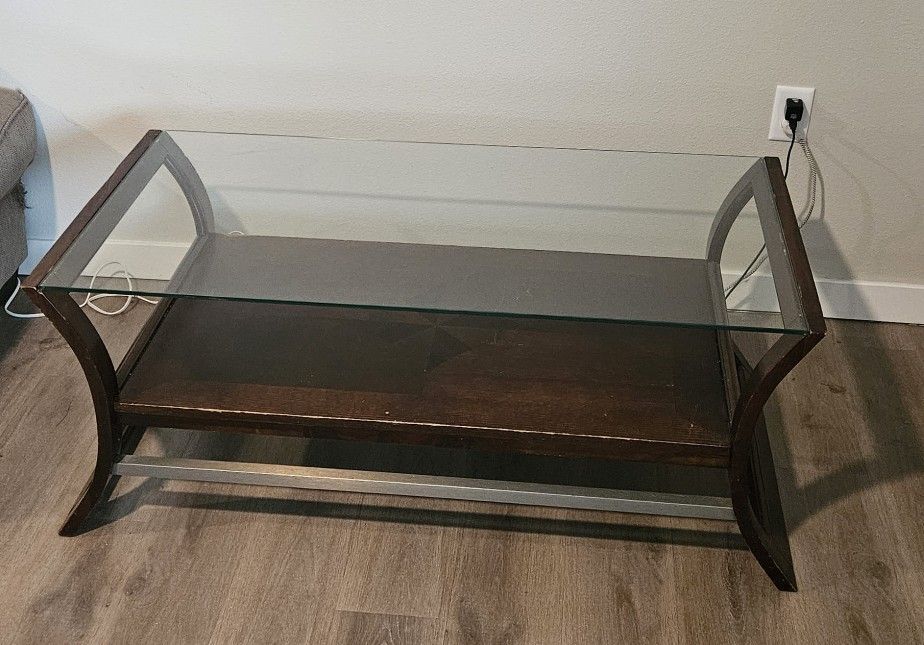 glass and wooden coffee table