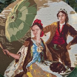 Vintage Needlepoint Art Depicting Victorian Courtship India Detailed 