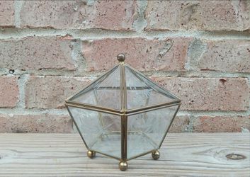 Vintage Brass/Floral Etched Glass Pentagonal Display Box