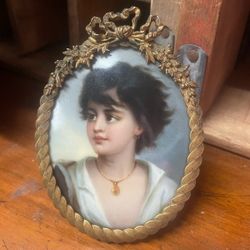 Antique 19th Century Hand painted Miniature Gypsy Neopolitan Fisher Boy In Dore Gold Frame 