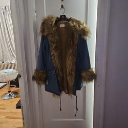 Faux Fur Denim  Coat 3/4 Length 