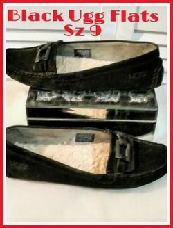 Ugg Australia black suede sheepskin flats Sz 9