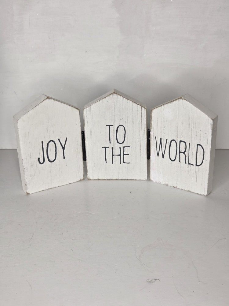 Joy to the World Rustic Whitewash Wooden Hinged Holiday Tabletop Decor Sign
