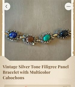 Vintage Silver Tone Filigree Bracelet with Multicolor Cabochons