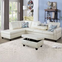 Cream Leather Sectional Sofa with Storage Ottoman- finance available $39 down