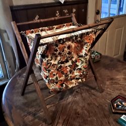 Vintage Folding Knitting Basket: Autumn Floral Fabric, Brown Wood Frame