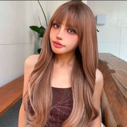 26 Inch Long Nature Curly Brown Wigs with Bangs Synthetic Wigs for Women and Girls Daily Use Party or Cosplay