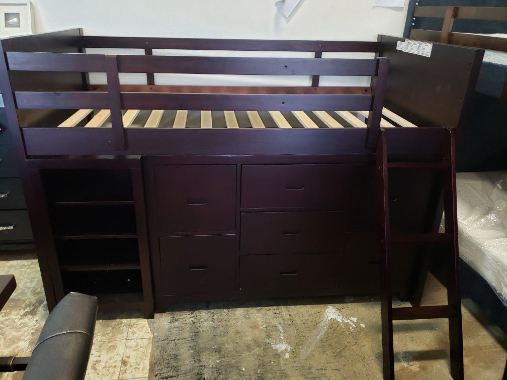 New twin size loft bed with bookcase and dresser
