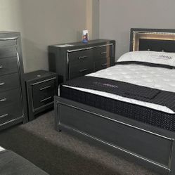 Lodanna Gray LED Panel Bedroom Set. Queen & King Set Bed, Dresser, Mirror, Nightstand, Chest 