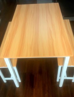 3 piece dining room bench style table. Oak wood top on table and benches. Perfect condition! Fully Assembled!