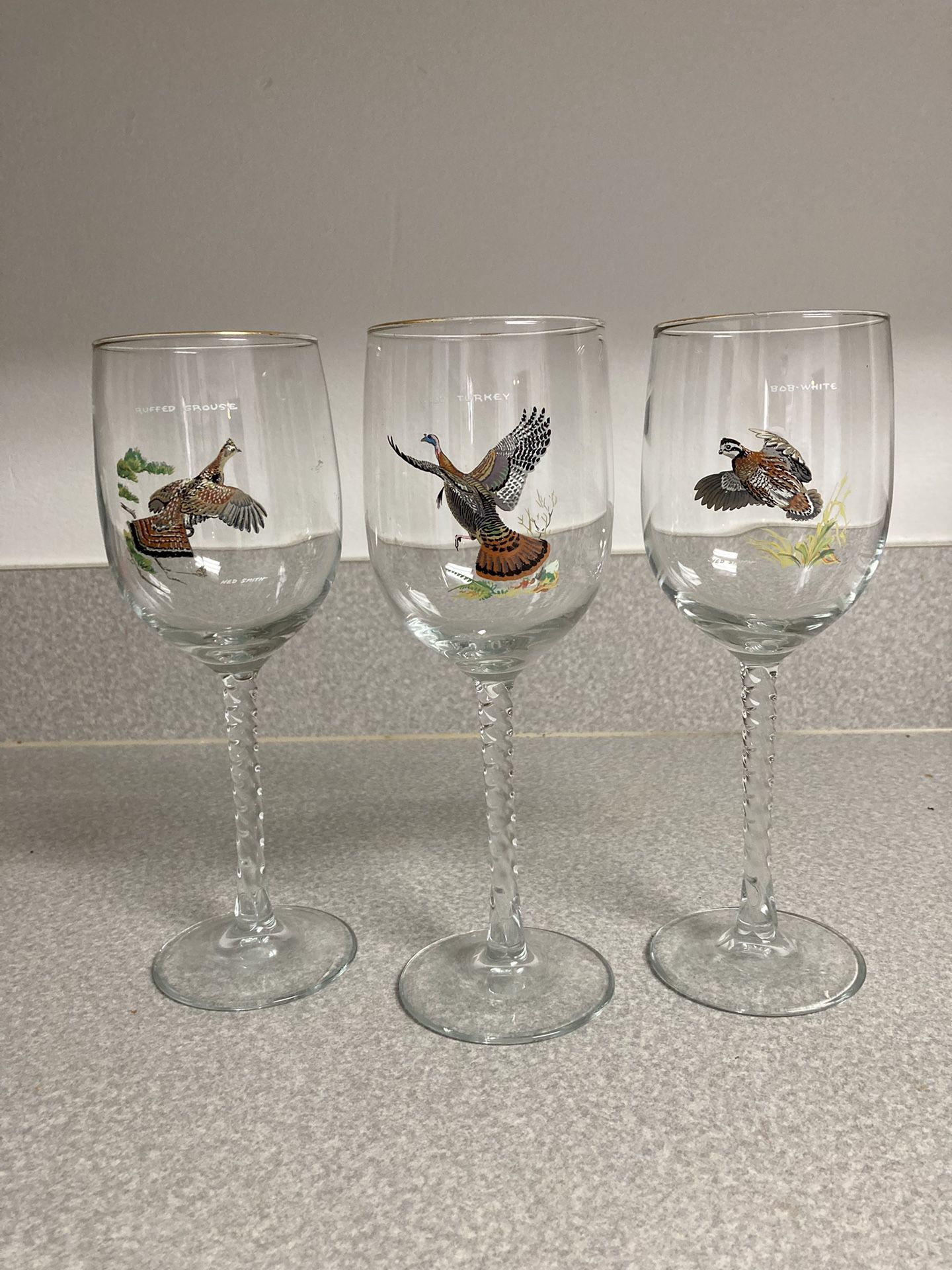 Set of three Ned Smith, wine glasses