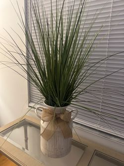 Faux Grass Arrangement in White Ceramic Vase