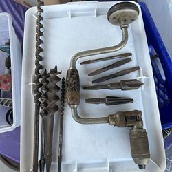 Vintage Shop Ready Early Stanley 945 10” Bit Brace Hand Drill & 9 Pc Bit Set!
