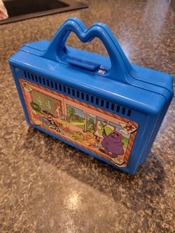 McDonalds vintage blue lunchbox, color picture on one side, etched image on the back side 8x5x3"