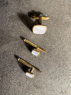 Swank Gold-Tone Mother of Pearl Cufflinks and Shirt Studs Set