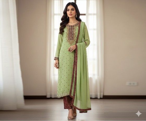 Women's Pakistani Salwar Kameez 3-Piece Outfit - Lime Green/Maroon - Medium