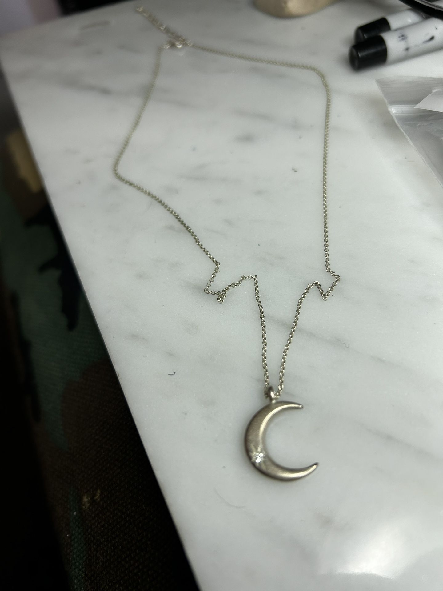 Sterling Silver Chain & Crescent Moon W/ A Diamond